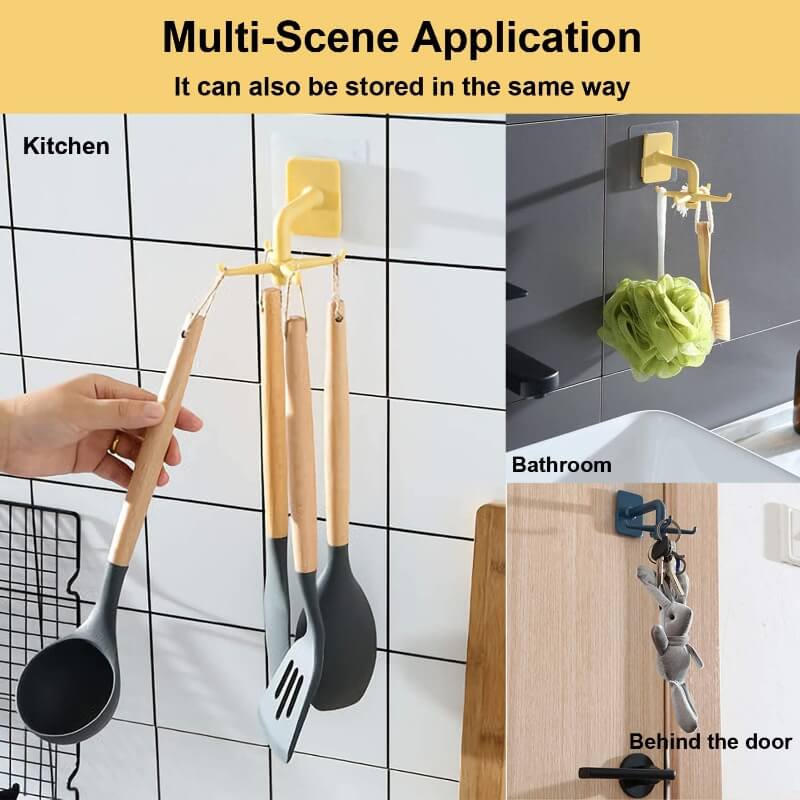 Multifunction Wall-Mounted 360 Degree Rotating 4 Hooks,Punch-Free Kitchen Hook (Self Adhesive) - CDesk Dropship